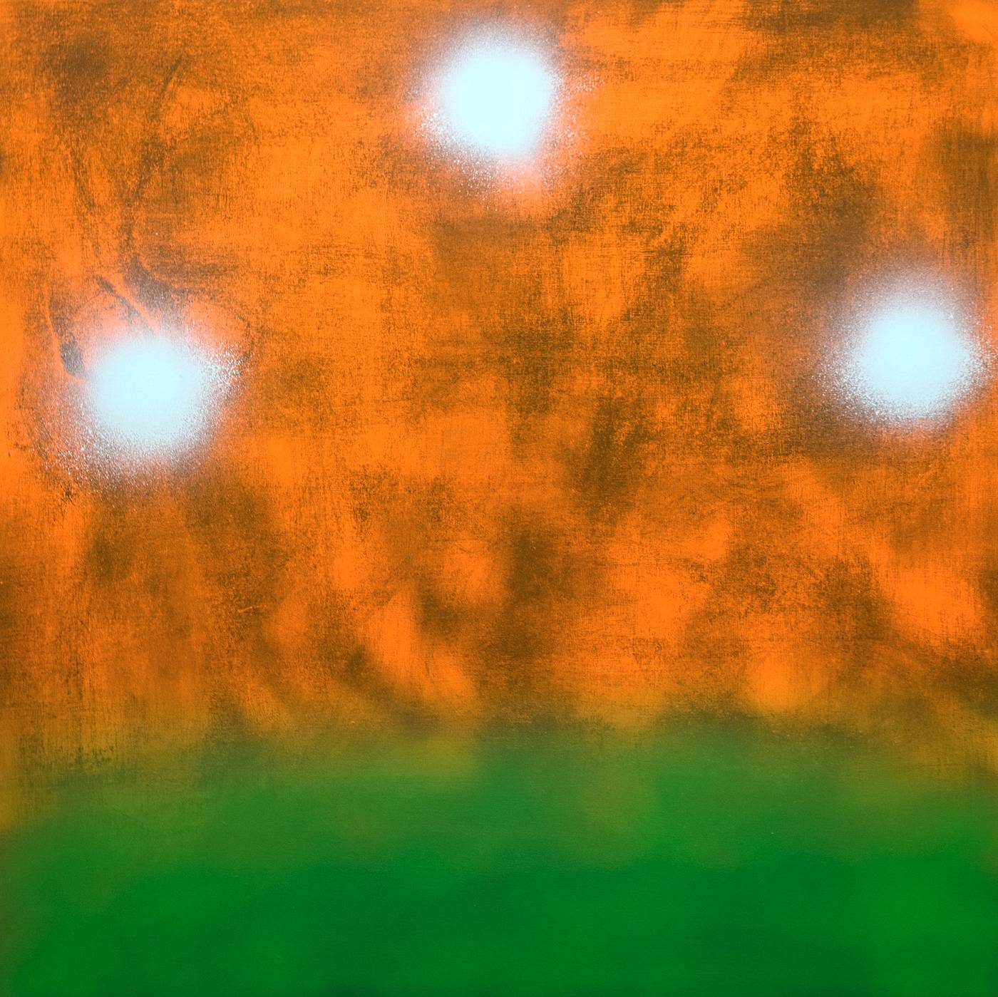 "The Last Three Visible Stars Amidst a Night Sky Polluted by Trump" acrylic paint, acrylic resin spray paint on 24 x 24 x 1.75 inches deep cradled wood panel, 2018, signed by the artist on the side, signed, titled, and dated by the artist on the reverse.