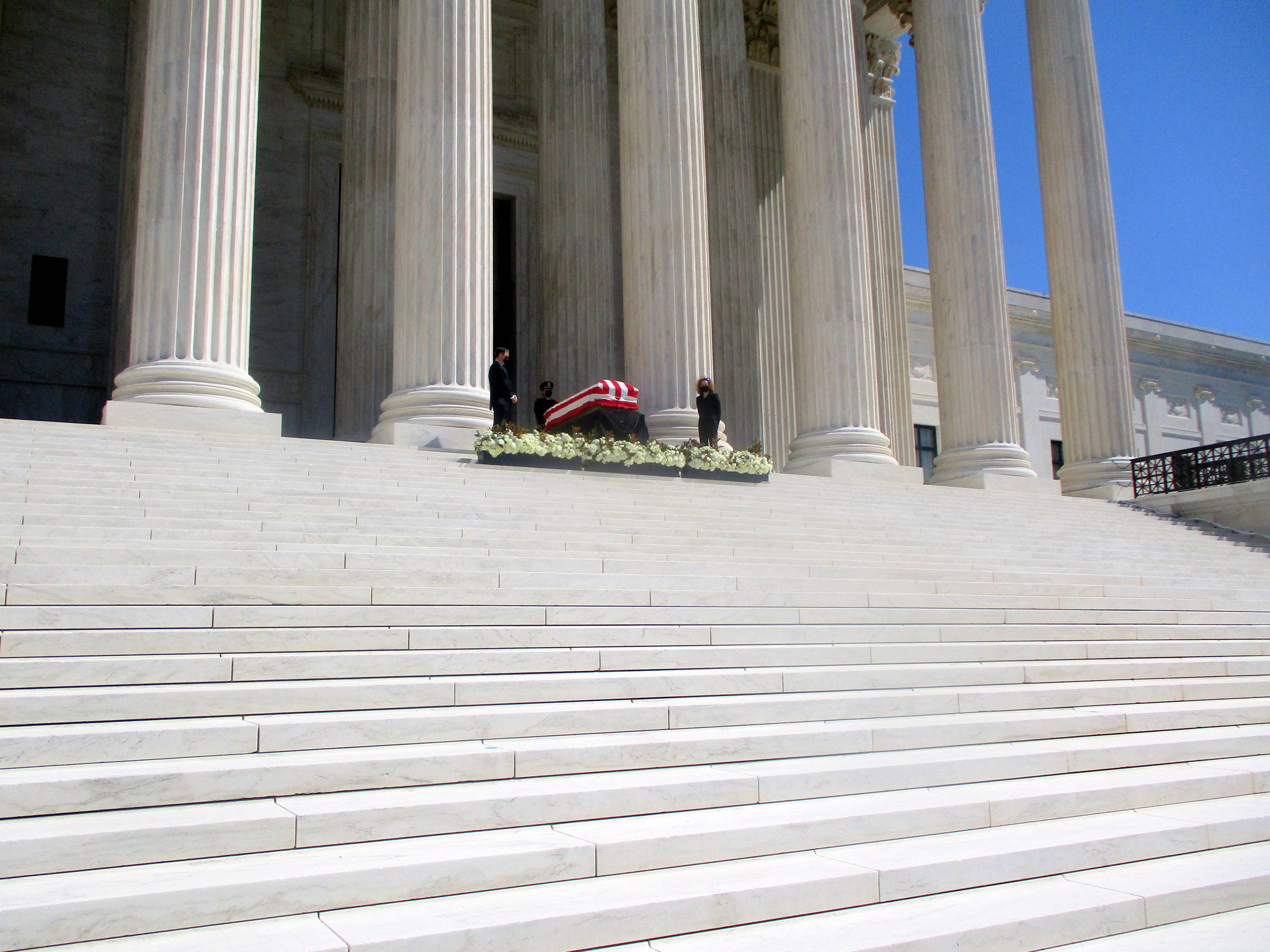 Casket Guarded by Clerks at West Façade of US Supreme Court Building from Northwest During Lying in Repose of Associate Supreme Court Justice Ruth Bader Ginsburg