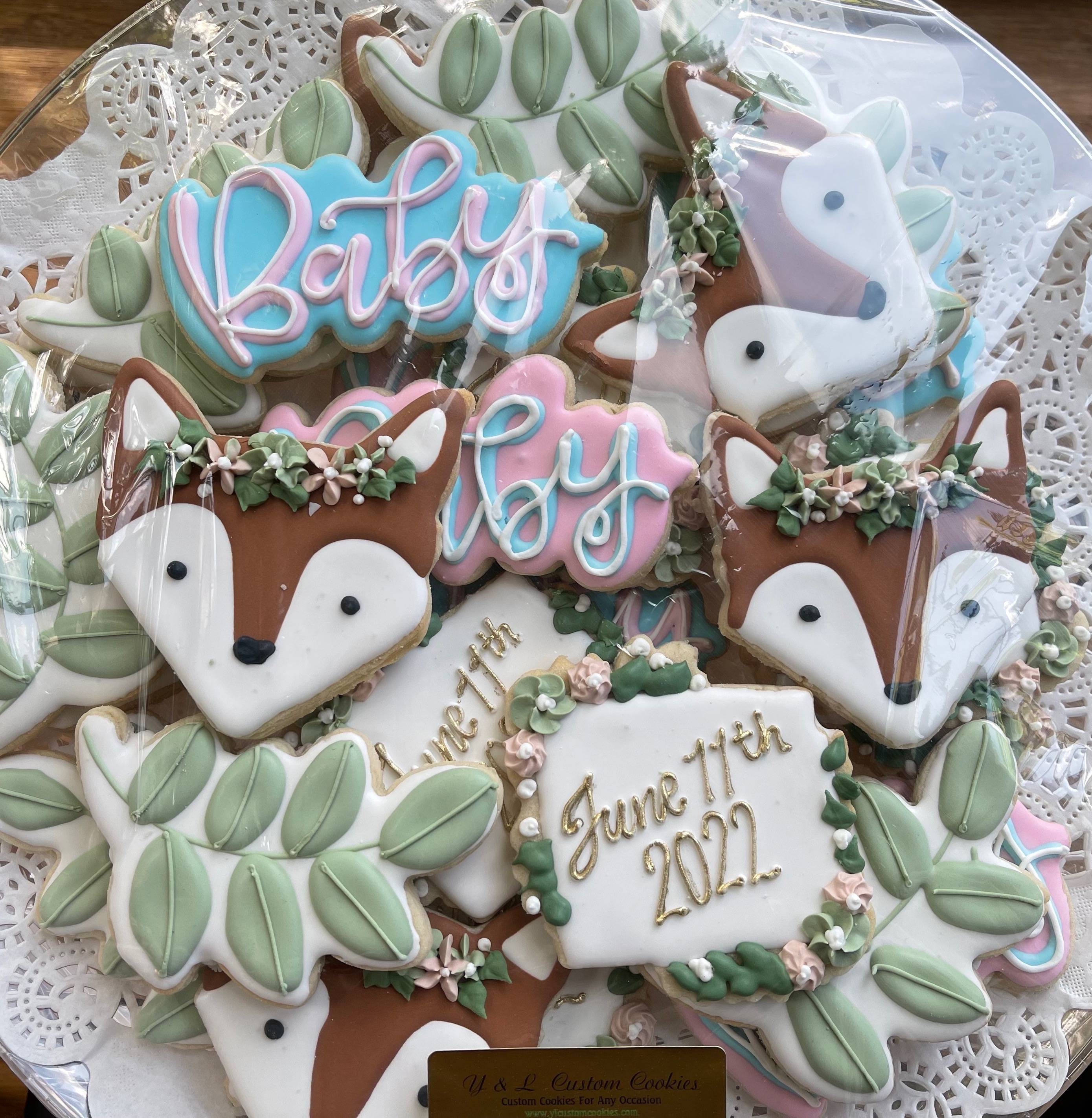 Fox themed gender reveal custom cookies