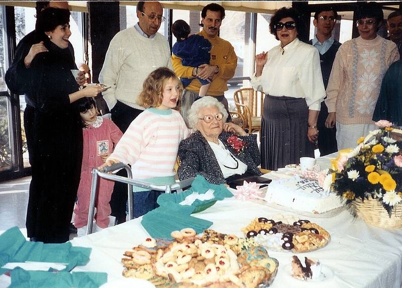 Anna (Kaplan) Supowitz-Troy's 90th birthday party with Jerome Pollack, Bess (Harris) Apple-Klitzner and Dorothy (Harris) Pollack
