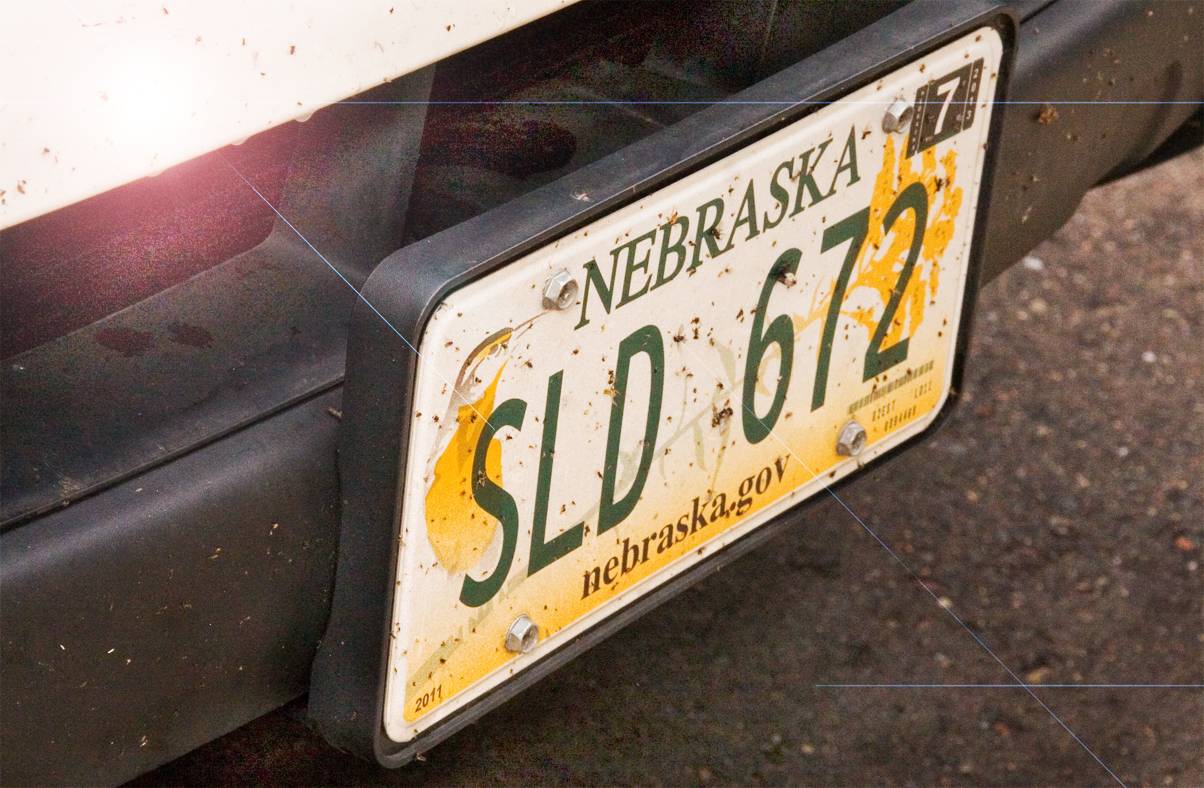 Nebraska plates with Iowa and Minnesota dead bugs on the bumper