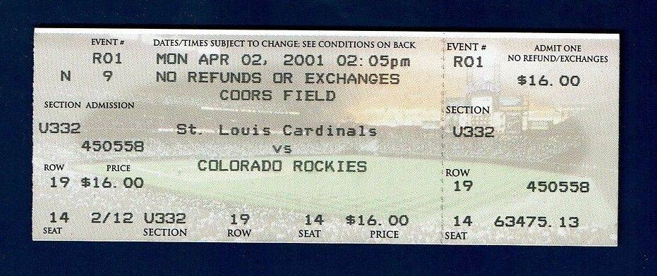 Albert Pujols DEBUT First Game Full Ticket 4/2/2001 Cardinals versus Rockies 1st Hit