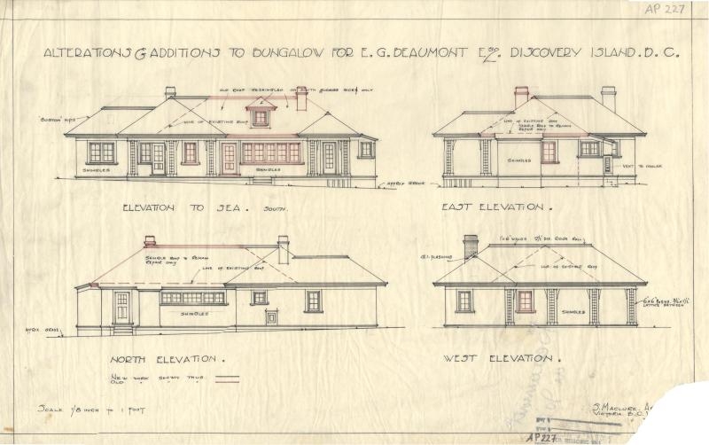 Samuel Maclure -- January 1922 Blueprints of "Alterations & additions to bungalow for E.G. Beaumont Esq., Discovery Island, B.C."