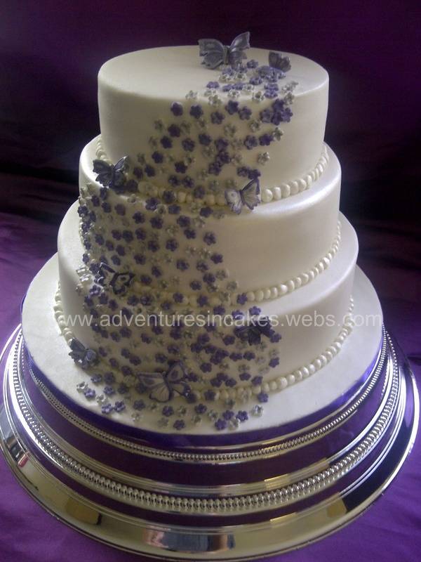 Purple and Silver Wedding Cake with flowers & butterflies