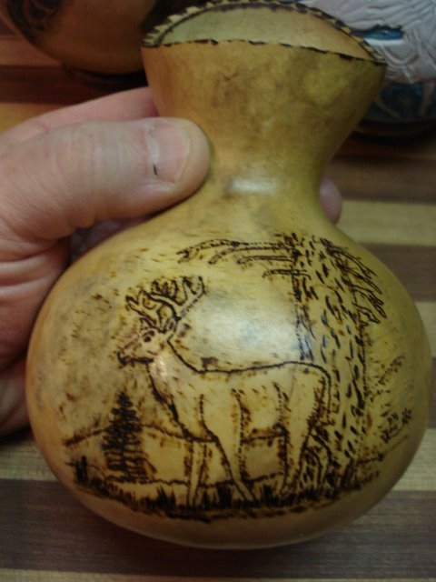 Woodburned deer vase