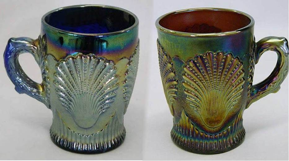 Beaded Shell mugs, blue and purple