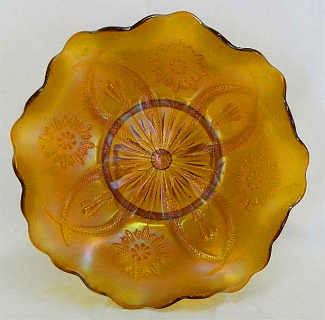 Four Flowers Variant 9"ruffled bowl, amber, Brockwitz