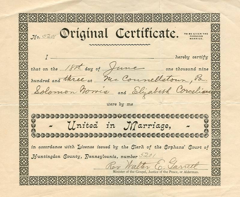 Marriage Certificate for Solomon Norris and Margaret Elizabeth Corcelius