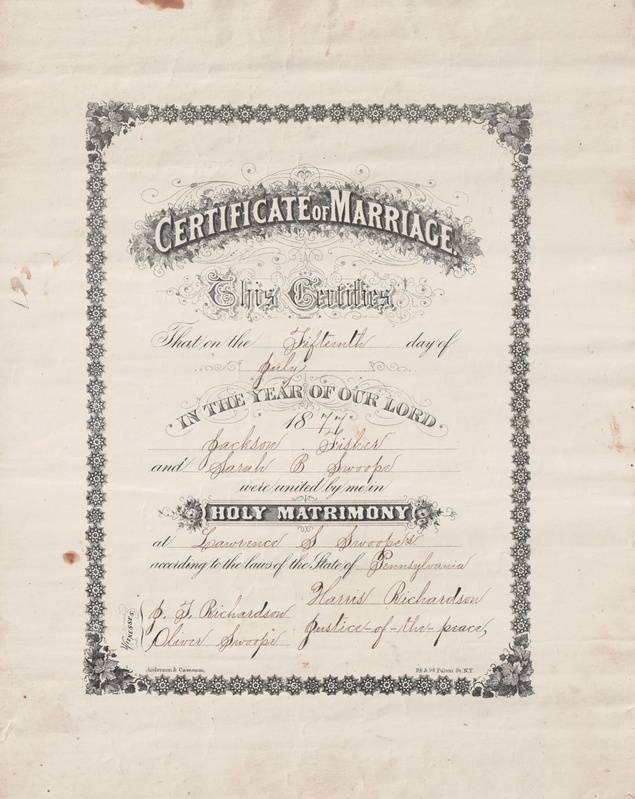 Marriage Record for Jackson Fisher and Sarah B. Swope