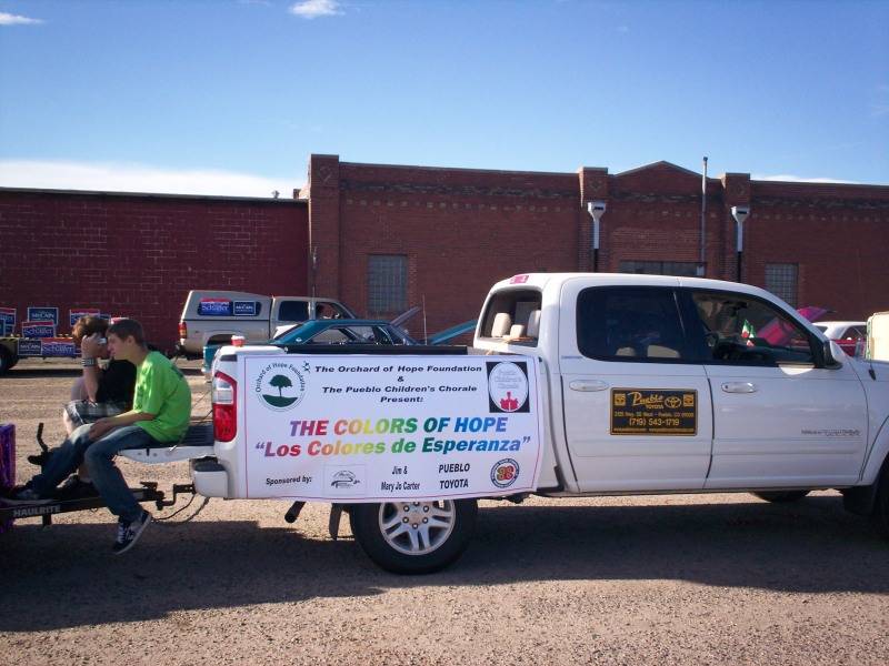 The truck with the banner attached